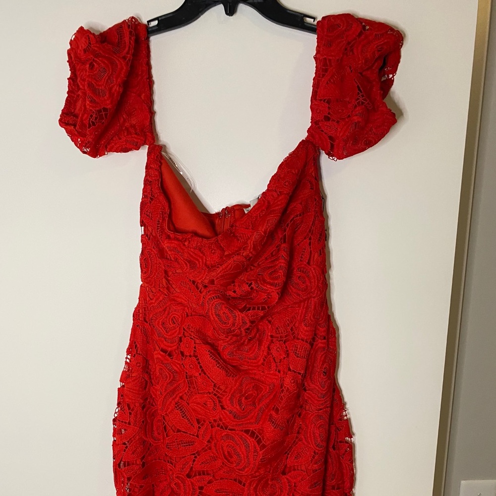 Red off shoulder lace midi dress